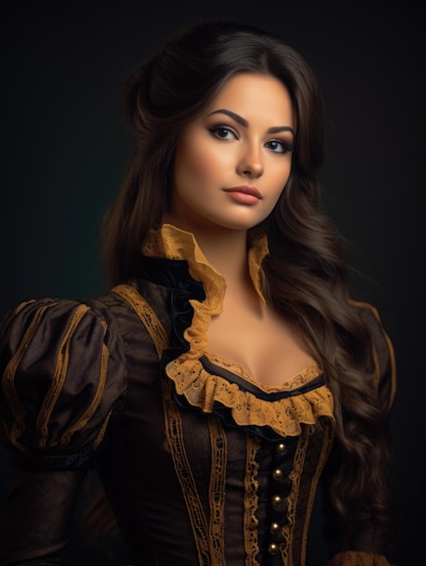 Beautiful 18th century cute woman posing wearing a steampunk victorian the style