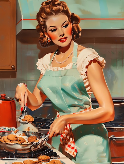 Beautiful A 1950s woman baking cookies for the family housewife from 1950 theme illustration photo