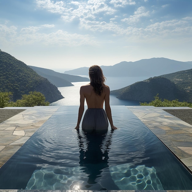 Beautiful 20yearold girl emerging from an infinity pool