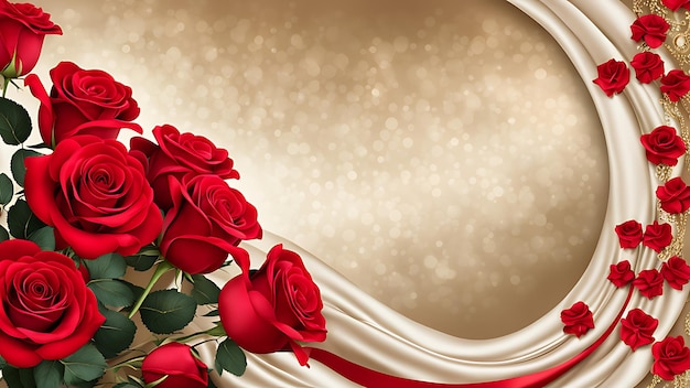 Beautiful 3D background decorations in the form of red roses and a luxurious silk background print