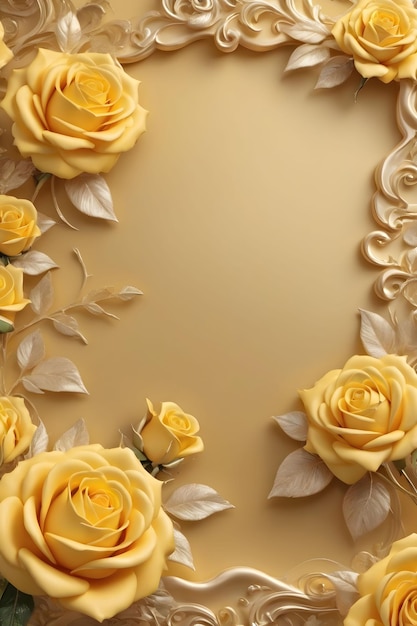 Beautiful 3D background decorations in the form of yellow roses and a luxurious silk background prin