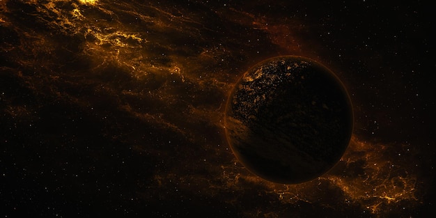 Beautiful 3D Blazing Planet in Solar Storm with Outer Space view Panorama, Nebula clouds