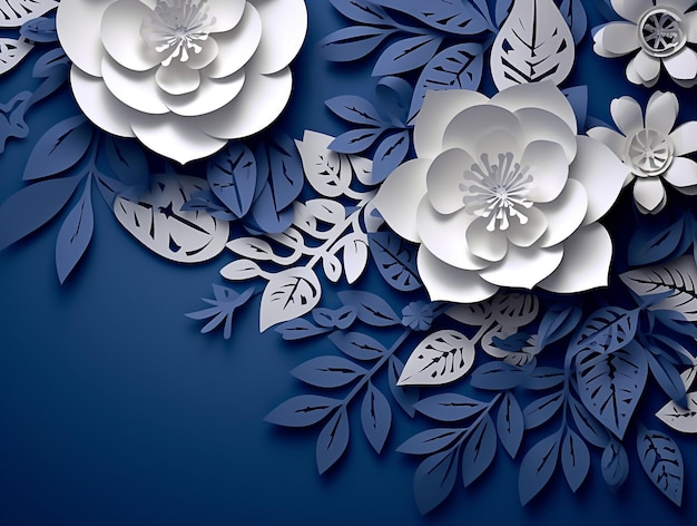 Beautiful 3D Blue and White Flowers Papercut Art Decoration AI Generated