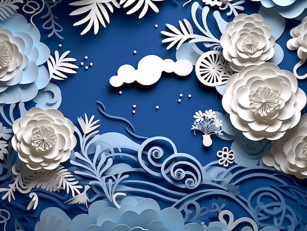 Beautiful 3D Blue and White Flowers Papercut Art Decoration AI Generated