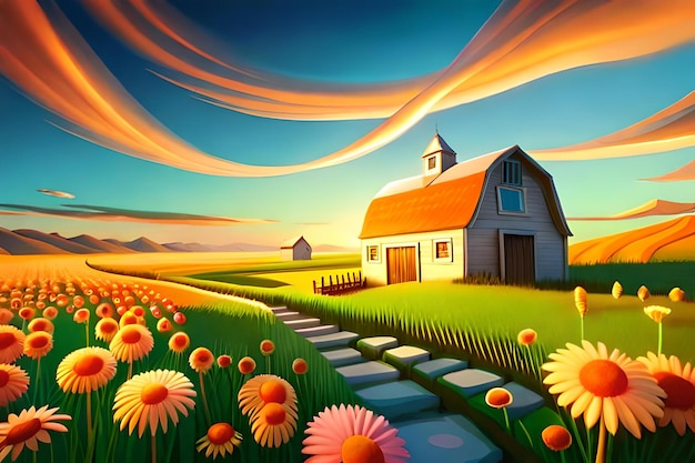 Beautiful 3D cartoon farm with beautiful sky and bright colors