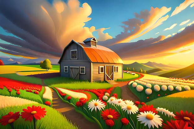 Beautiful 3D cartoon farm with beautiful sky and bright colors