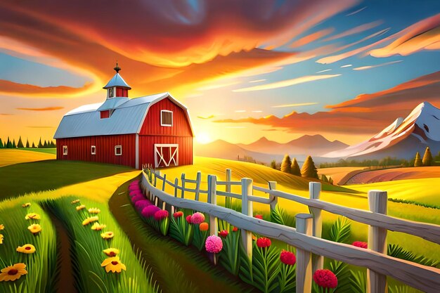 Beautiful 3D cartoon farm with beautiful sky and bright colors