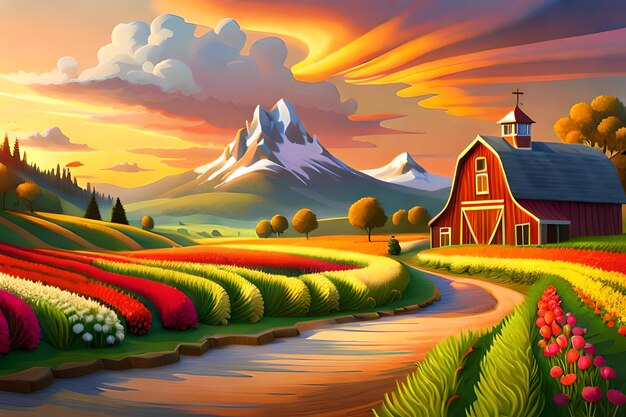 Beautiful 3D cartoon farm with beautiful sky and bright colors