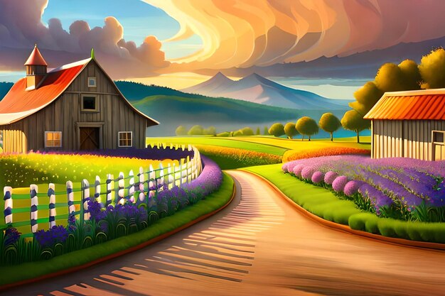 Beautiful 3D cartoon farm with beautiful sky and bright colors