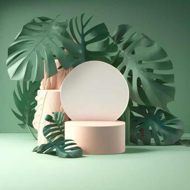 Beautiful 3d Empty podium mockup with monstera leaves for cosmetics Generative AI