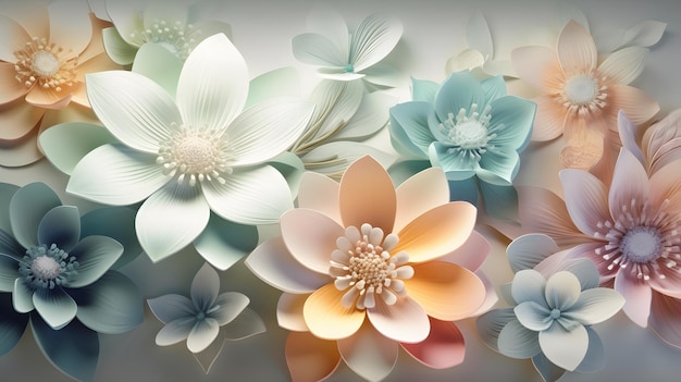 Beautiful 3D flowers glowing and translucent against muted pastel wallpaper Generative AI