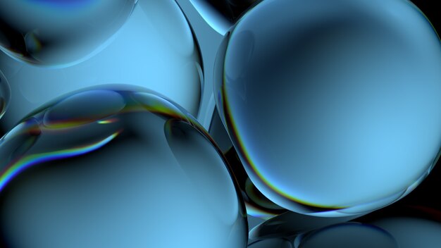 Beautiful 3d render of bubbles with abstract reflections. Flow modern colors. Smooth round shapes.