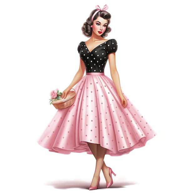 Beautiful 50s housewife wearing pink dress with white polka dots with long legs and black shoes