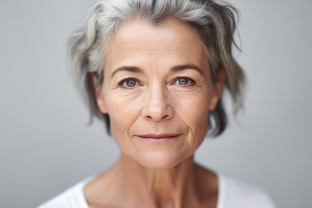 Beautiful 50s middle aged mature woman looking at camera isolated on white mature old lady close up portrait anti age healthy face skin care beauty older skincare cosmetics and cosmetology concept