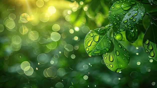 A beautiful abstract background of green bubbles and bokeh giving a sense of freshness and natural b