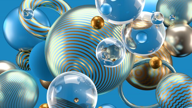 Beautiful abstract background with volume elements, balls, texture, lines. 3d illustration, 3d rendering.