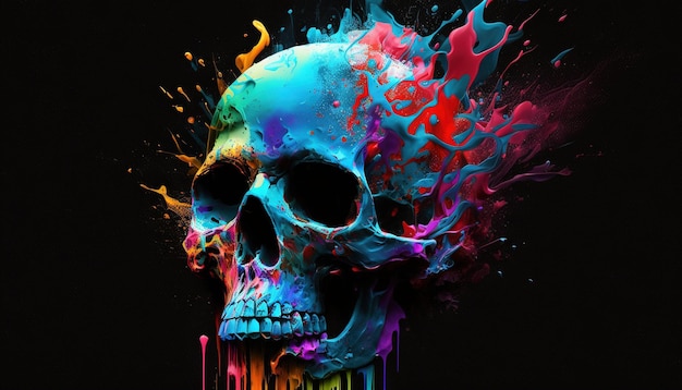 Beautiful abstract Human skull splashed in colors Generative AI