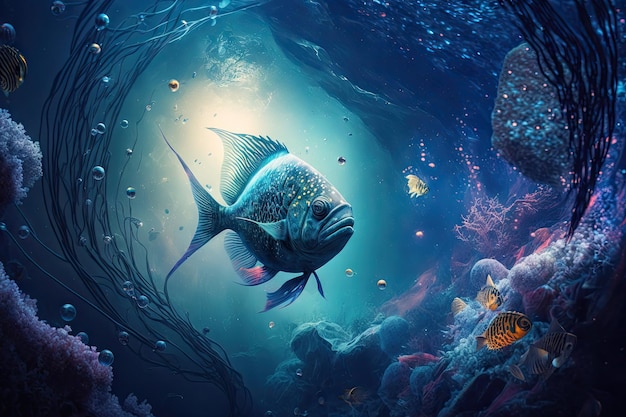 Beautiful abstract image of underwater world with aquarium fish in space