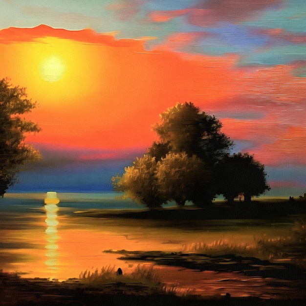 Beautiful abstract landscape painting with bright orange sunset on paper canvas Generative AI