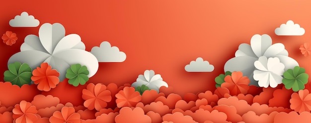 Beautiful Abstract Nature Landscape with Colorful Flowers White Clouds and Orange Background