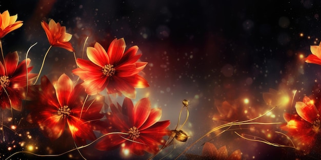 Beautiful abstract red and gold night photo floral design background banner beautiful Generative AI AIG32