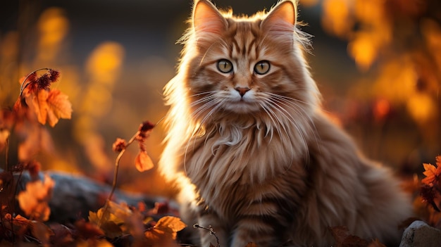 A beautiful adult fluffy cat sits on the grass in an autumn forest clearing Favorite pets Bright colorful wallpaper