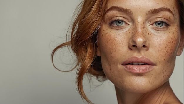 Beautiful adult woman face with freckles