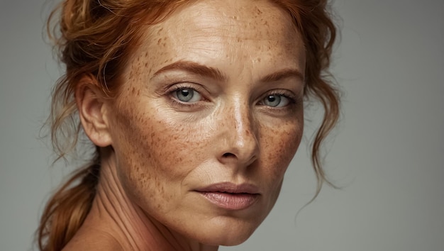 Beautiful adult woman face with freckles