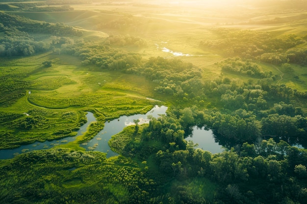 Beautiful aerial landscape on green backdrop Beautiful scenery