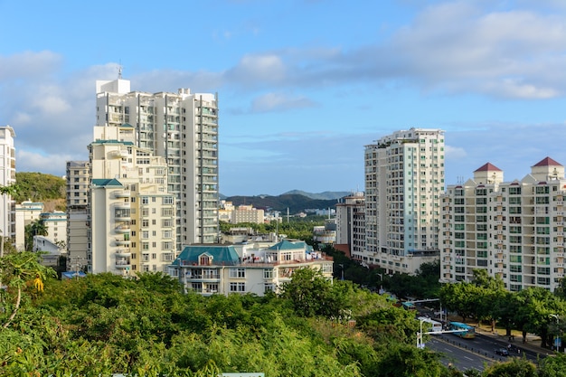 Beautiful aerial panoramic view of the city of Sanya city from Luhuitou Park. Hainan island, China.