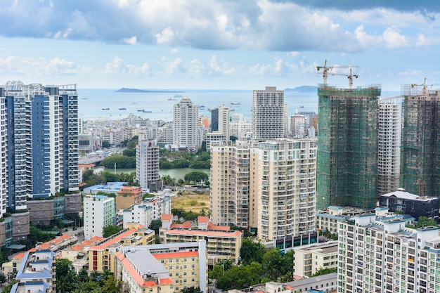 Beautiful aerial panoramic view of the city of Sanya city from Luhuitou Park. Hainan island, China.