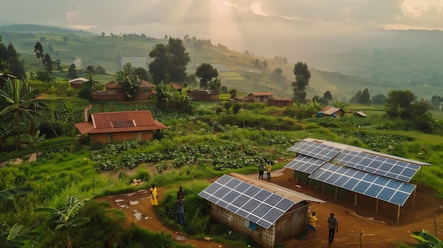 A beautiful aerial shot of a small village in the middle of a lush green valley