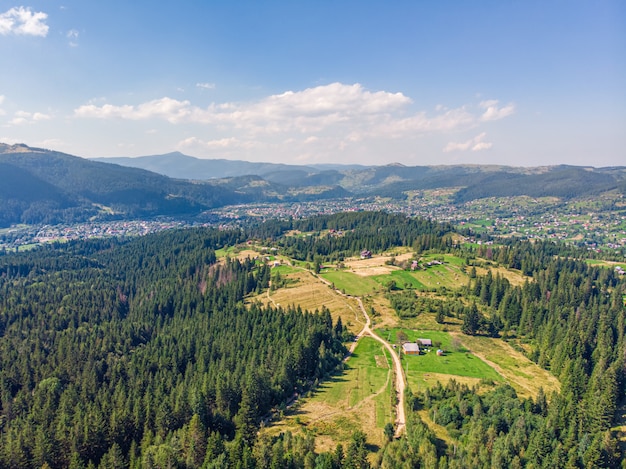 Beautiful aerial view on countryside road in mountains.