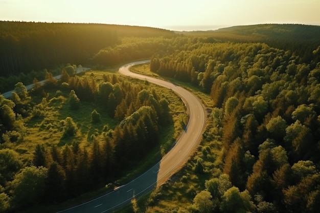 Beautiful aerial view of curving country roads with green forests and sunsets