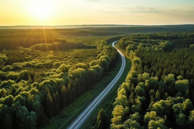 Beautiful aerial view of curving country roads with green forests and sunsets