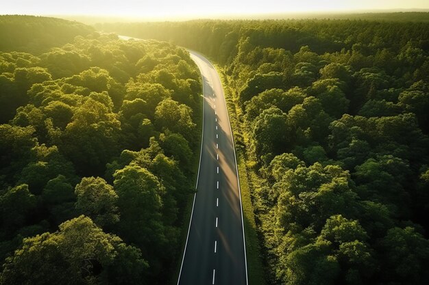 Beautiful aerial view of curving country roads with green forests and sunsets