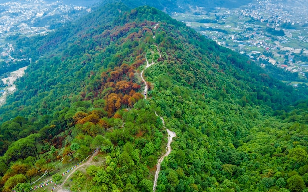 Beautiful aerial view of greenery hill during Monsoon season at Kathmandu