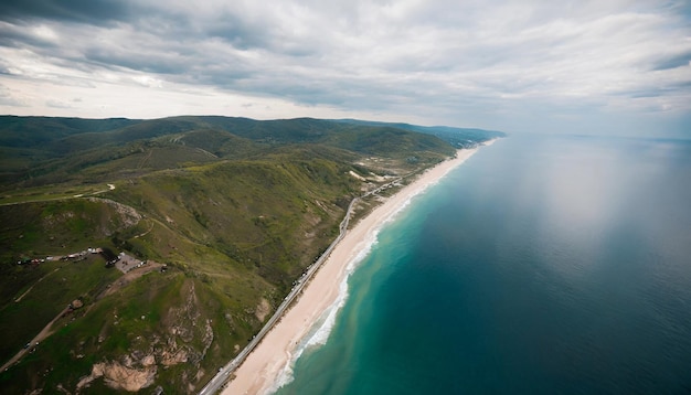 Beautiful aerial view of ocean coastline and beach Blue sea water and sky