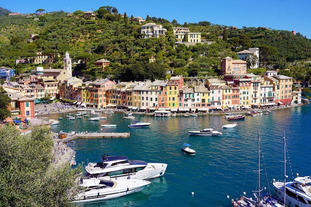 Beautiful aerial view of Portofino bay Genoa Italy