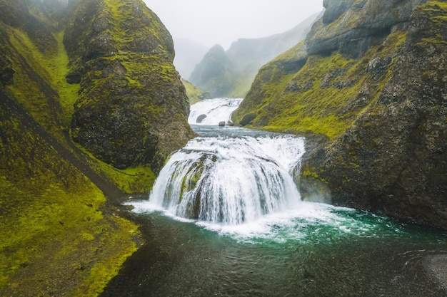 Beautiful aerial view of Stjornarfoss waterfalls in summer season Iceland