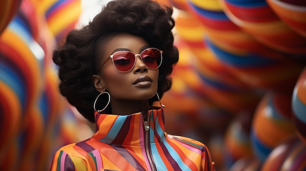 beautiful african american fashion woman in sunglasses and turban with colorful scarf on head against yellow background