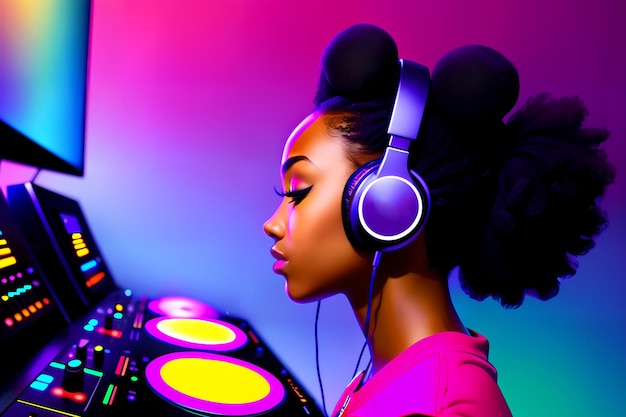 Beautiful African American girl dj with headphones AI