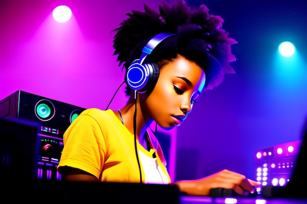 Beautiful African American girl dj with headphones AI