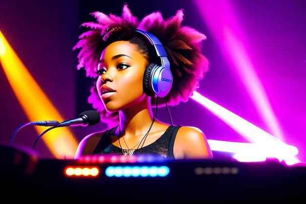 Beautiful African American girl dj with headphones AI