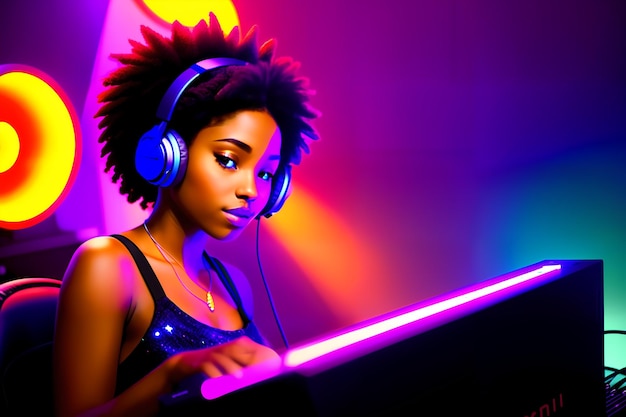 Beautiful African American girl dj with headphones