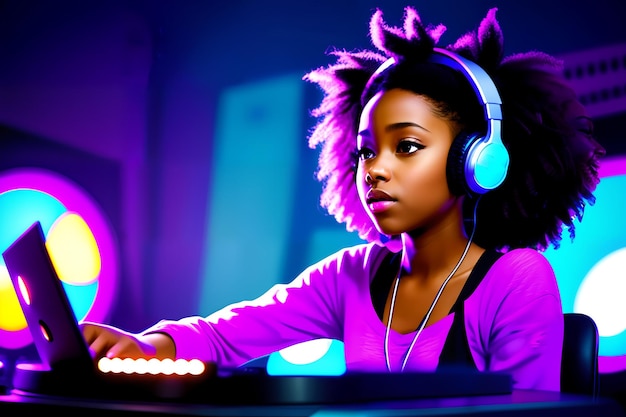 Beautiful African American girl dj with headphones