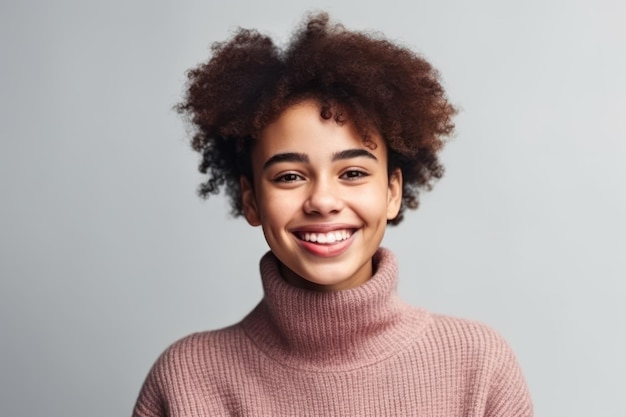 Beautiful african american girl wearing turtleneck sweater standing over white background looking away to side with smile on face natural expression laughing confident