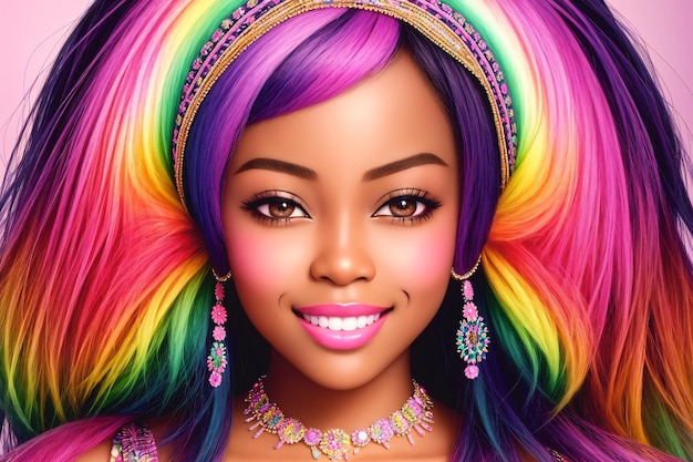 Beautiful African American girl with multicolored hair Generative AI