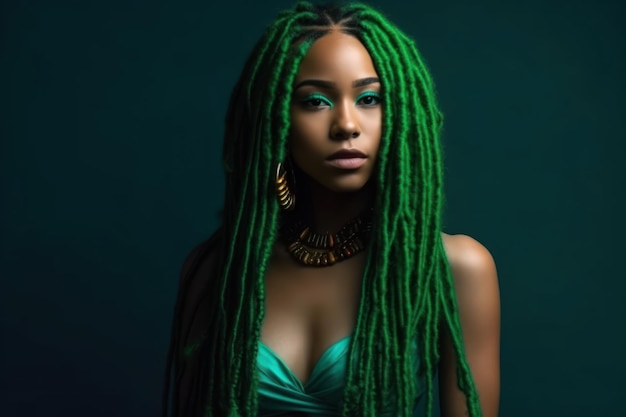 Beautiful african american indian black girl in green clothes with long hair and a bright make up