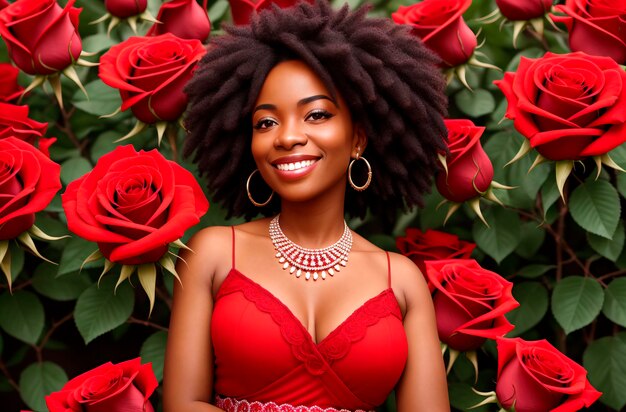 Beautiful african american in roses Portrait of pretty black woman with composition of red roses Generative AI